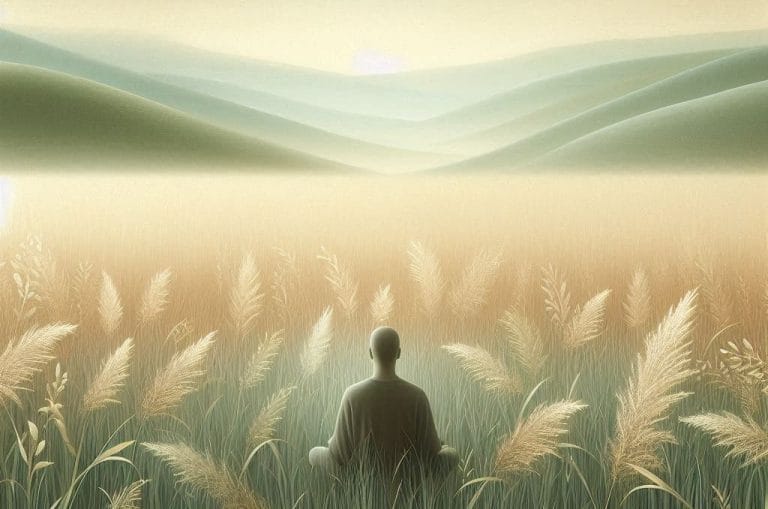 Une personne calme et concentrée est assise en position de méditation, sereine au milieu des herbes hautes.
