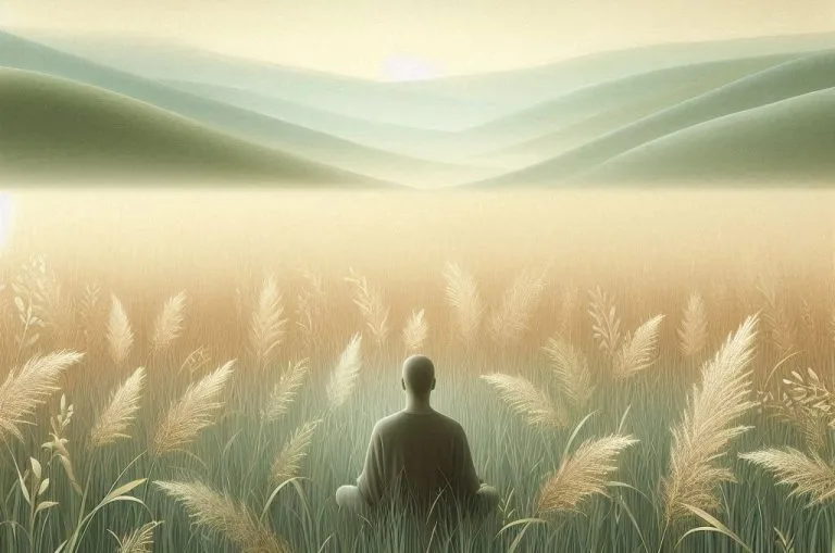 Une personne calme et concentrée est assise en position de méditation, sereine au milieu des herbes hautes.