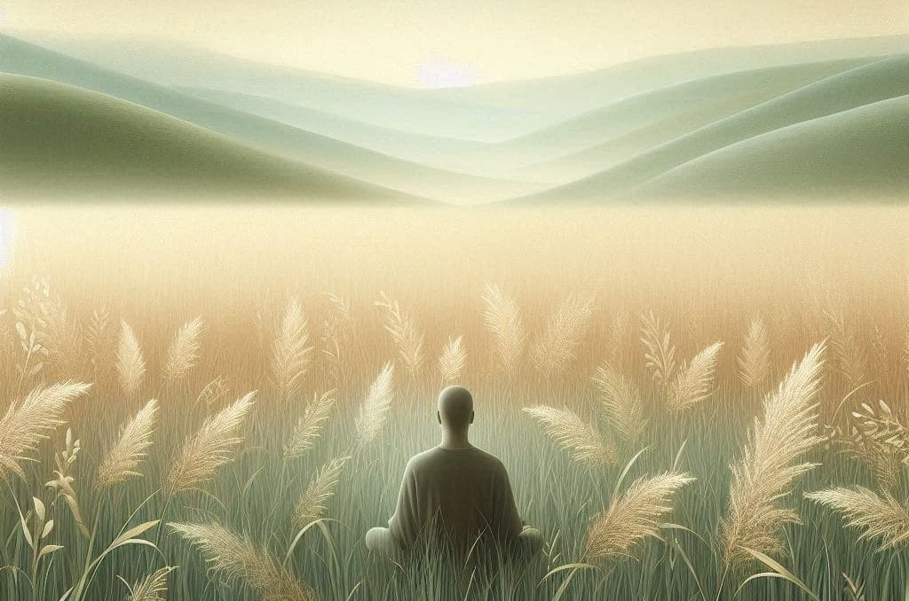Une personne calme et concentrée est assise en position de méditation, sereine au milieu des herbes hautes.