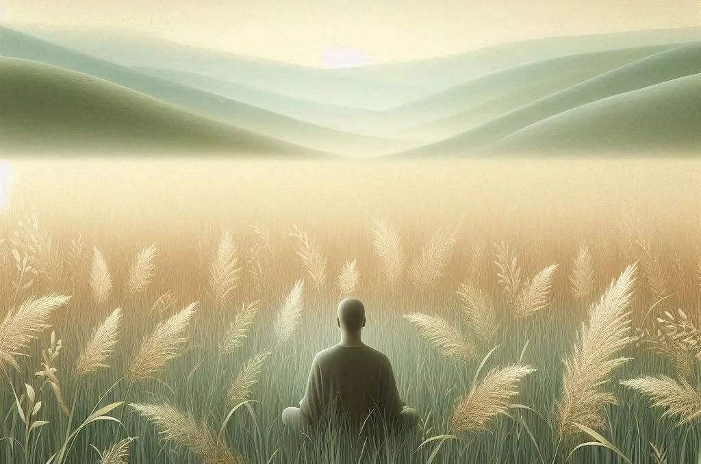 Une personne calme et concentrée est assise en position de méditation, sereine au milieu des herbes hautes.