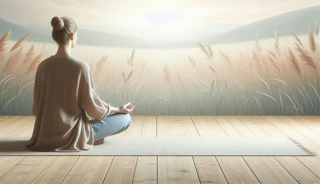 Une personne calme et concentrée est assise en position de méditation, les jambes croisées sur le sol. Son regard est posé, tranquille, et elle semble profondément connectée à son environnement.