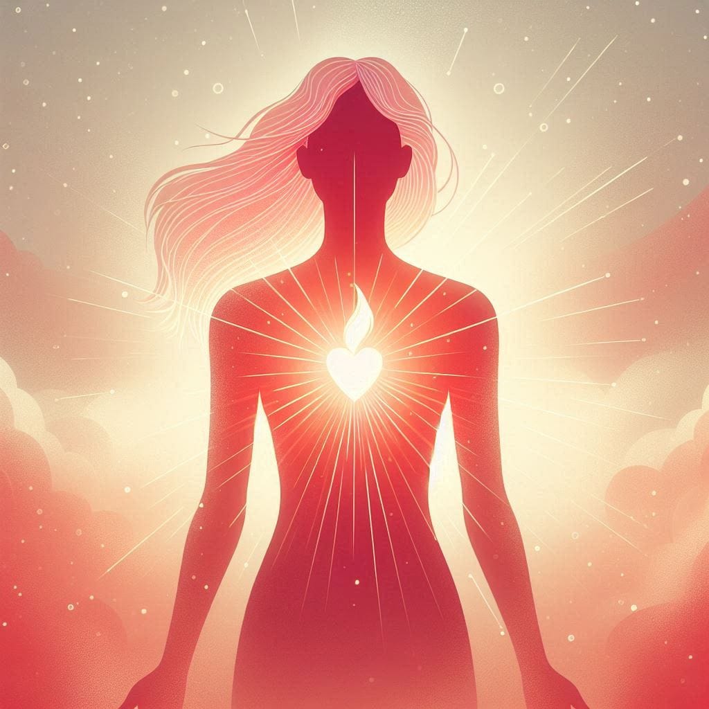 dans une lumiere rouge le coeur d'une femme brille du feu de la joie