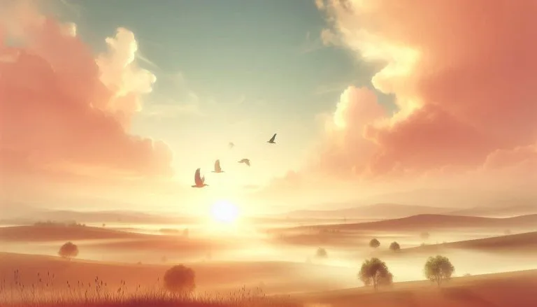 Un paysage paisible au lever du soleil, des tons doux et chauds, et un envol gracieux d’oiseaux.
