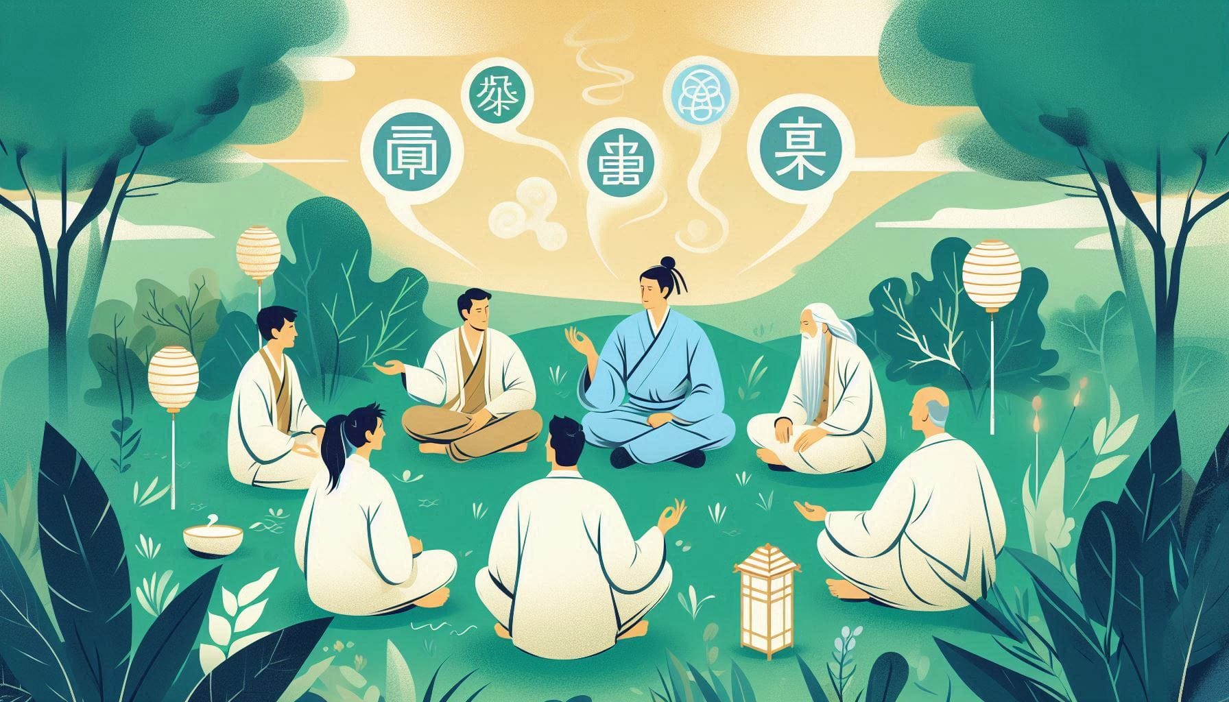 Groupes de personnes assisent dans l'herbe et echangeant autour des pratique de bien-être par énergétique chinoise