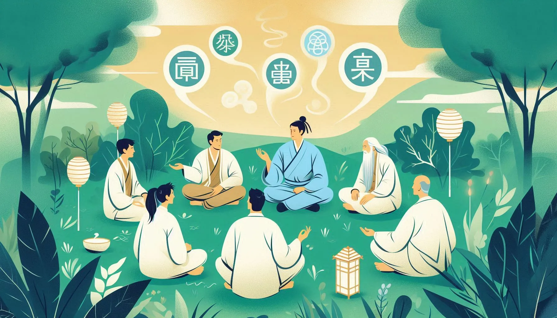Groupes de personnes assisent dans l'herbe et echangeant autour des pratique de bien-être par énergétique chinoise