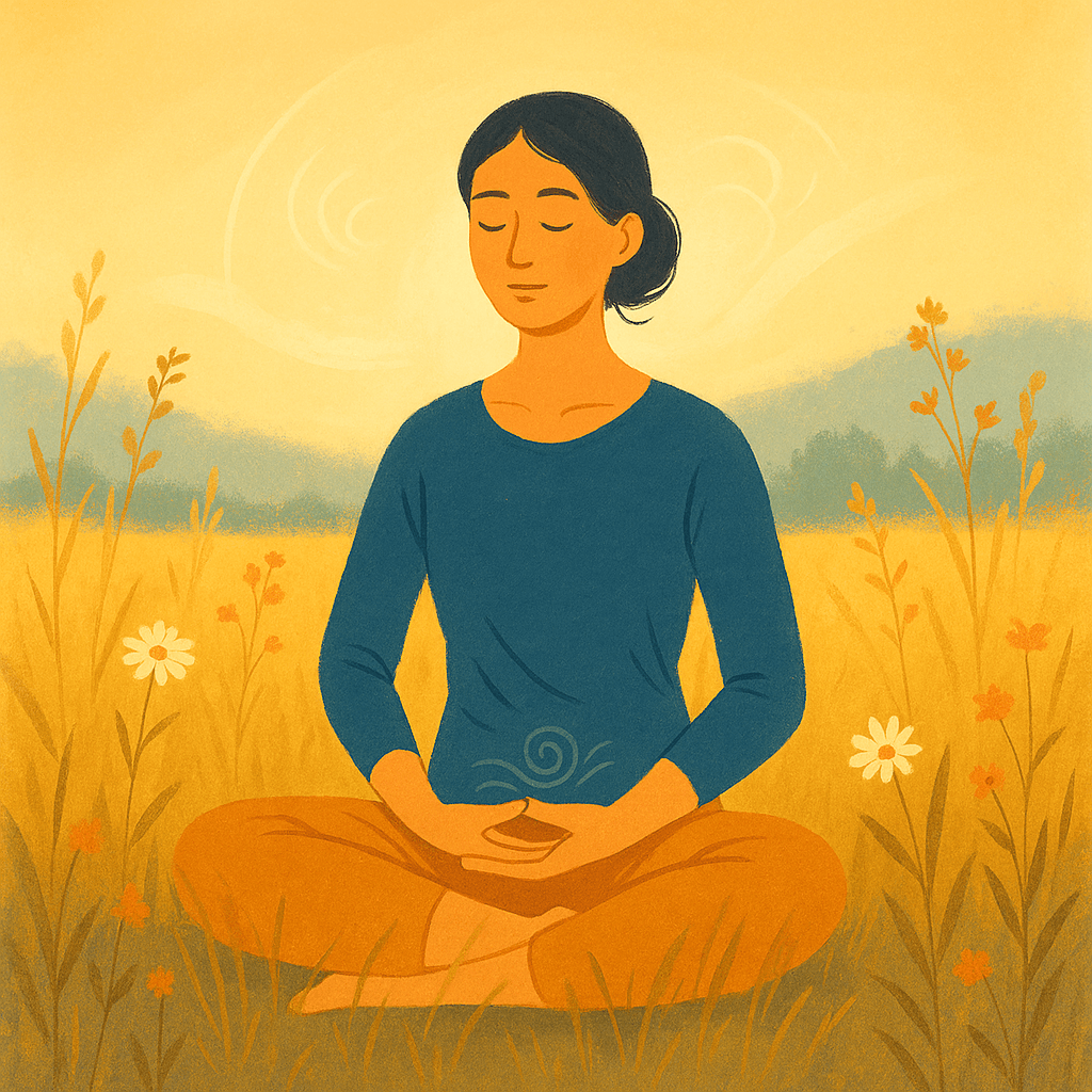 Une femme assiss en tailleur dans la nature mains sur les cuisses, travaille son centrage et sa sérénité sans stress.