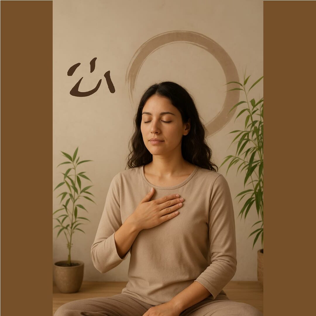 Femme assise main sur le coeur. Apaisée esprit calme, aucun stress, détendue.