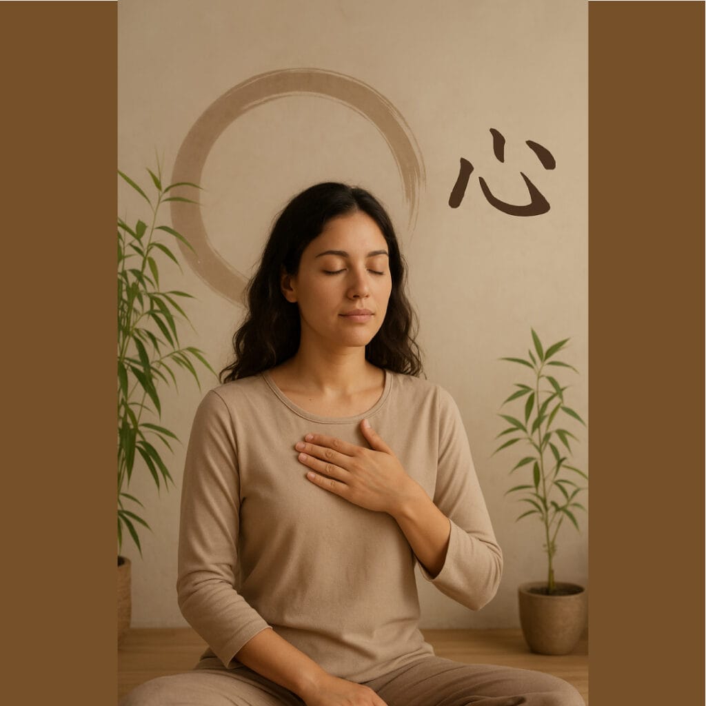 Une personne assise main sur la poitrine, esprit calme, pas de stress, détente.