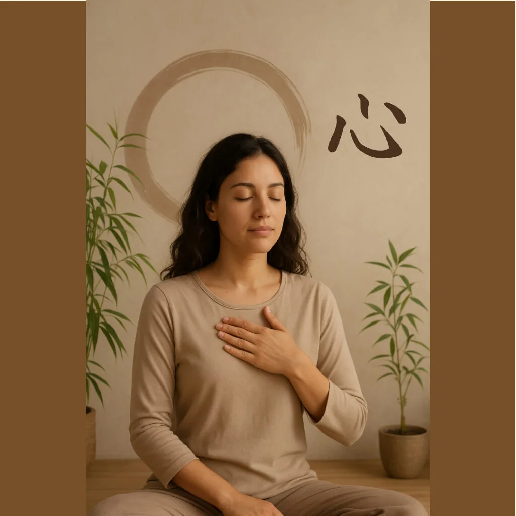 Une personne assise main sur la poitrine, esprit calme, pas de stress, détente.