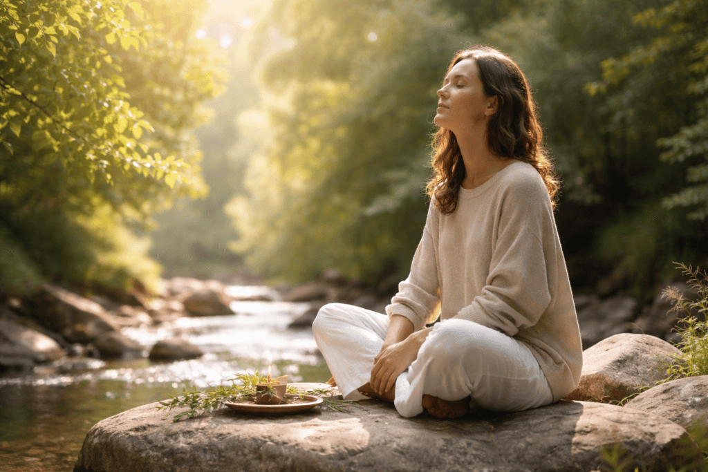 une femme assise au milieu de la nature, un cours d'eau, tout semble aller bien et pourtant