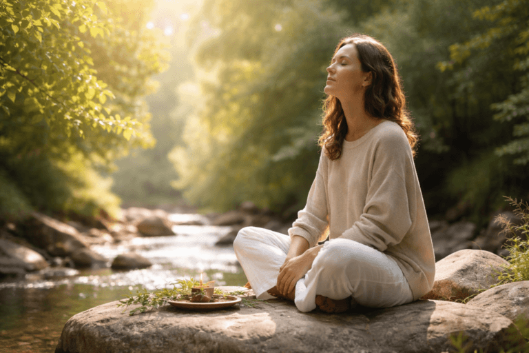 une femme assise au milieu de la nature, un cours d'eau, tout semble aller bien et pourtant