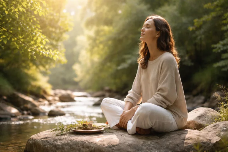 une femme assise au milieu de la nature, un cours d'eau, tout semble aller bien et pourtant