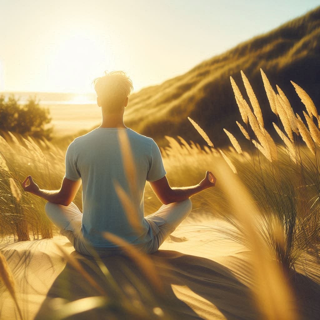 homme en posture zen méditant dans les dunes a Oléron